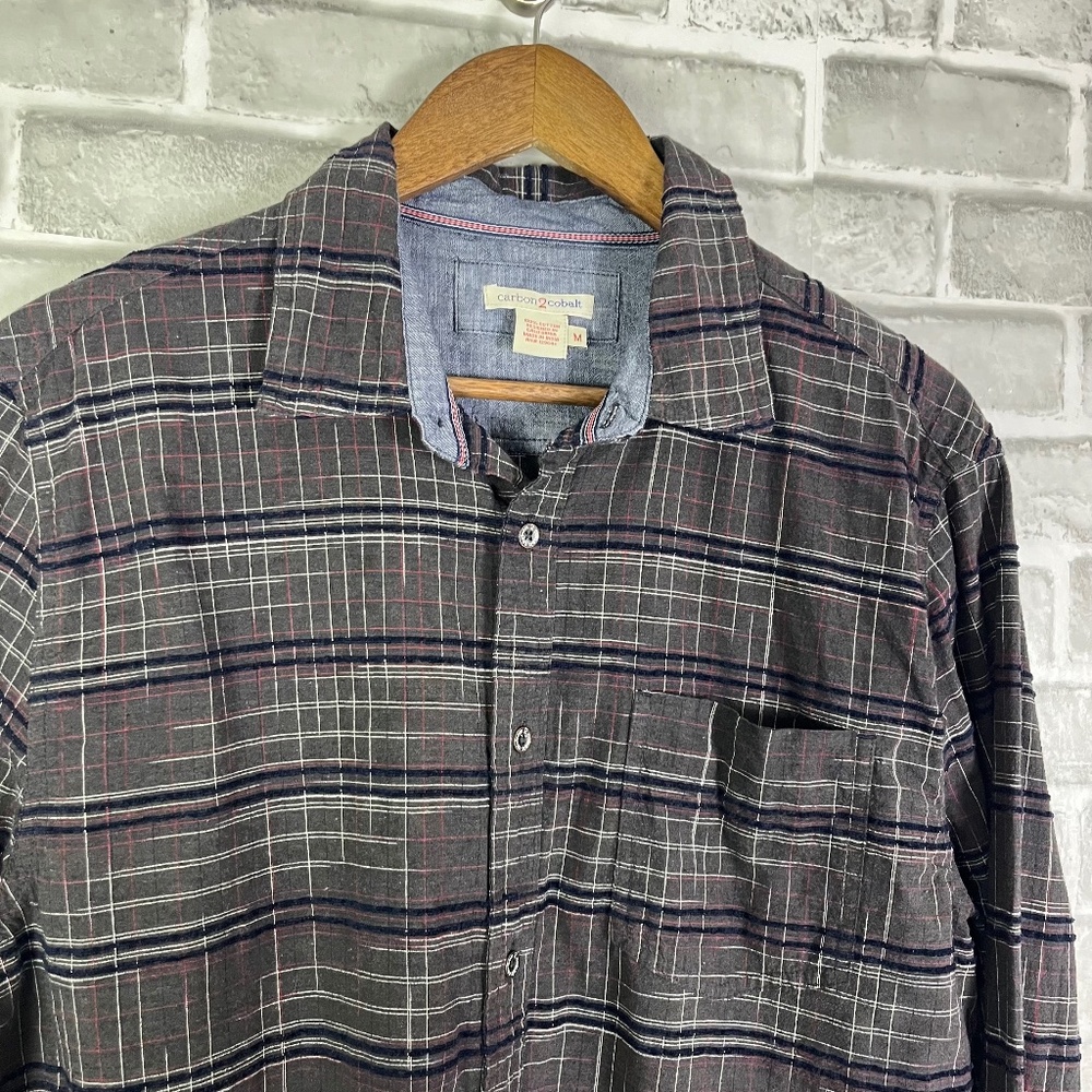 Carbon 2 Cobolt Gray Embroidered Scratched Plaid LS Button Up Shirt Mens Medium